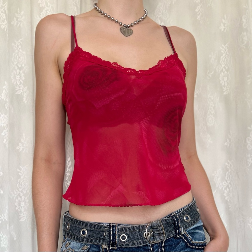 Vintage Y2K Red Rose Sheer Cami